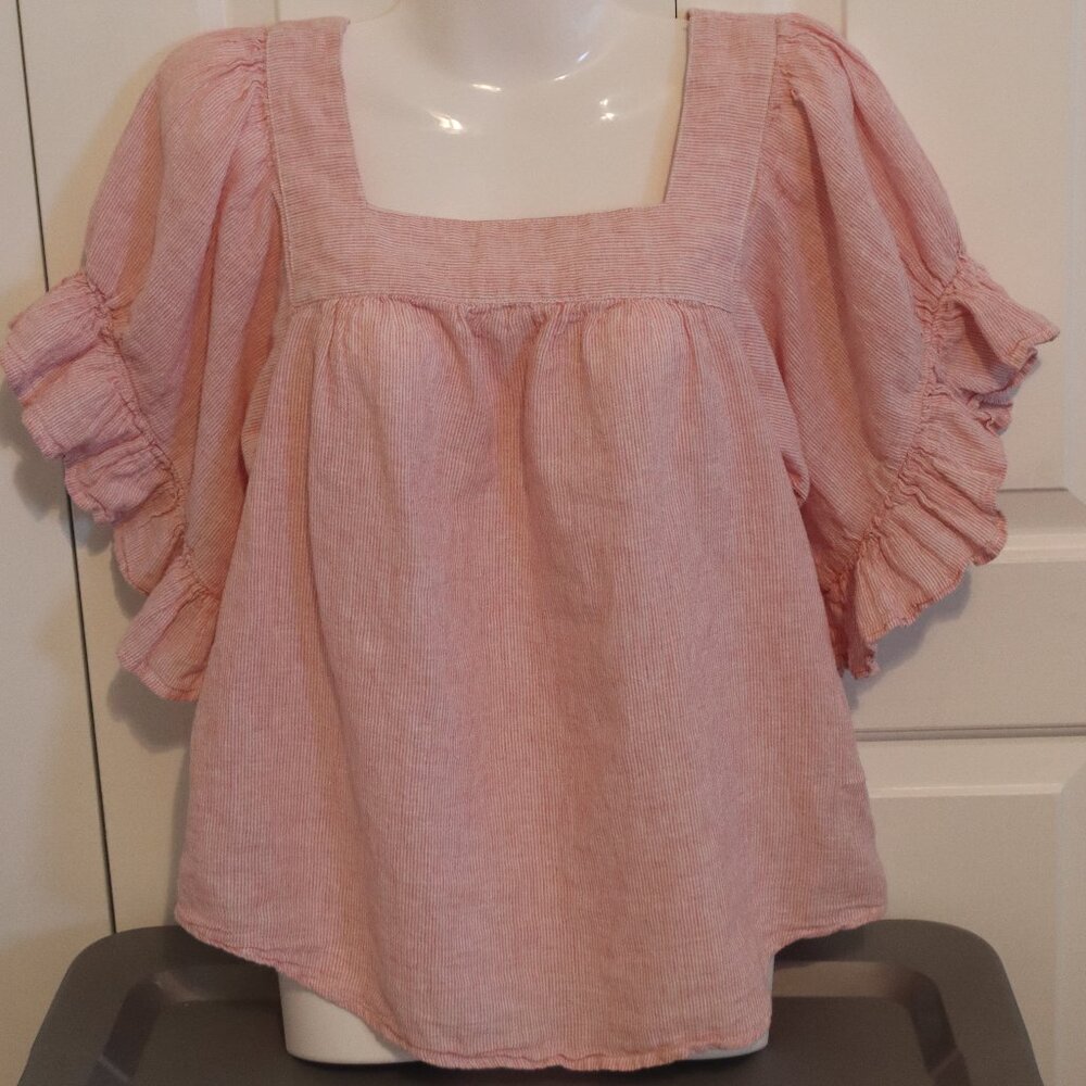Beachlunchlounge White/ Pink Striped Flowy Top Linen/Cotton Blend Size Small